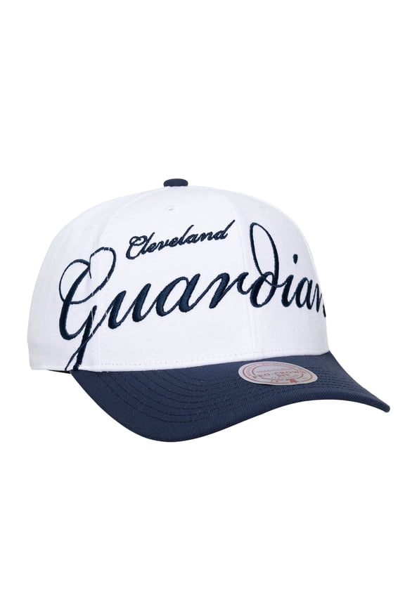 Unisex Mitchell & Ness White/Navy Cleveland Guardians XL Script Pro Crown Snapback Hat