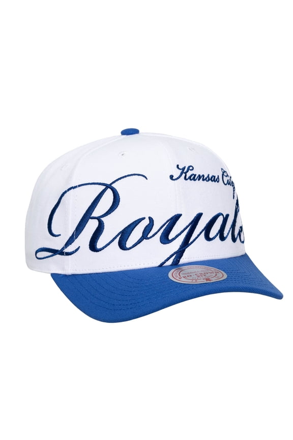 Unisex Mitchell & Ness White/Royal Kansas City Royals XL Script Pro Crown Adjustable Hat