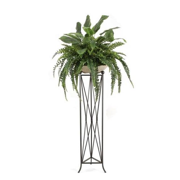 Unisex Mixed Greenery with Fern & Bird of Paradise in Bowl with Tall Plant Stand - Green