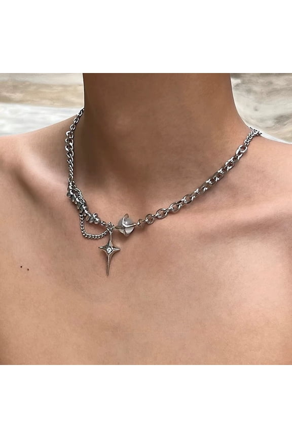 Unisex Moonstone Cross 14K White Gold Necklaces, Four Pointed Star Pendant Necklaces, Men Women Hip Hop Collar