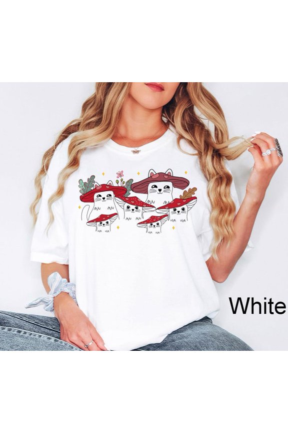 Unisex Mushroom Cat Goblincore Cottage Core T-Shirt Cotton Graphic Tee-All Size S-5Xl