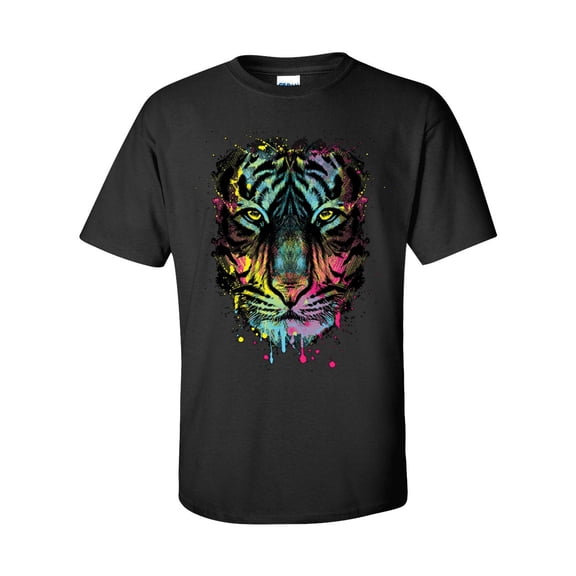 Unisex Neon Black Light Colorful Dripping Tiger Short Sleeve T-shirt-Black-xxxl