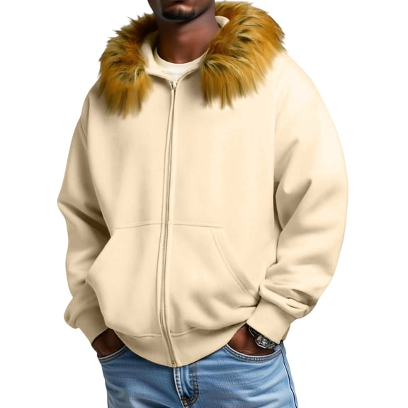 Unisex New Leisure Hooded Faux Fur Collar Hoodie Jacket - Khaki XXXL