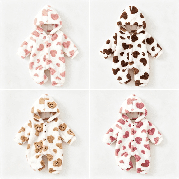 Unisex Newborn Baby Fuzzy Hooded Romper, Multiple Colors Available, Soft Warm Bear Heart Pattern One Piece Jumpsuit, Infant Long Sleeve Snap Bodysuit for Fall Winter Daily Wear Size 0-12 Months