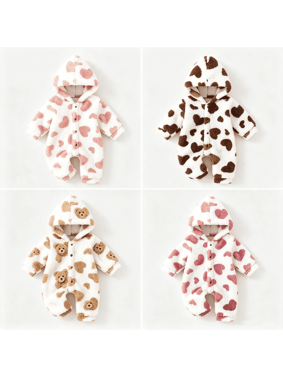 Unisex Newborn Baby Fuzzy Hooded Romper, Multiple Colors Available, Soft Warm Bear Heart Pattern One Piece Jumpsuit, Infant Long Sleeve Snap Bodysuit for Fall Winter Daily Wear Size 0-12 Months