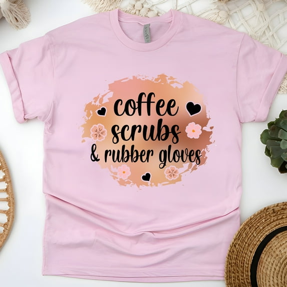 Unisex Nurse Life T-Shirt, Cute Coffee and Scrubs Casual Top, Light Pink, Size 2XL