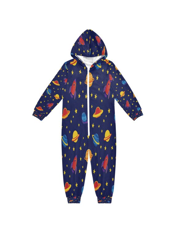 Unisex One-Piece Outfits Soft Crystal Velvet Navy Space Planet Printed PJs Full-Zip Wide Leg Jumpsuit for 4T-14Y