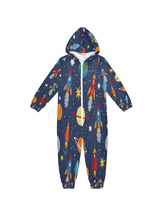 Unisex One-Piece Pajamas Outfits Soft Crystal Velvet Navy-rocket Space Printed PJs Full-Zip Wide Leg Jumpsuit for 4T-14Y