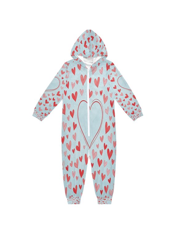 Unisex One-Piece Pajamas Outfits Soft Crystal Velvet Red-heart Doodle Printed PJs Full-Zip Wide Leg Jumpsuit for 4T-14Y