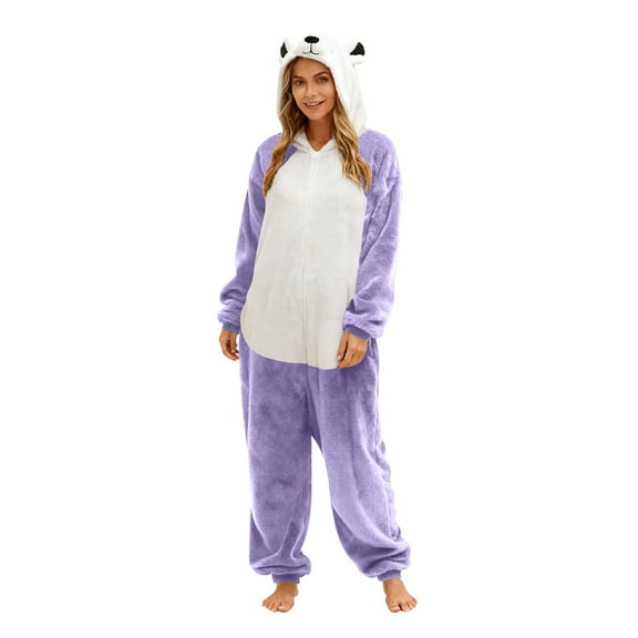 Unisex Onesie Adult Sleepwear Loose Funny Hooded Outfit Plush Winter Warm Pajamas with Pocket Purple S