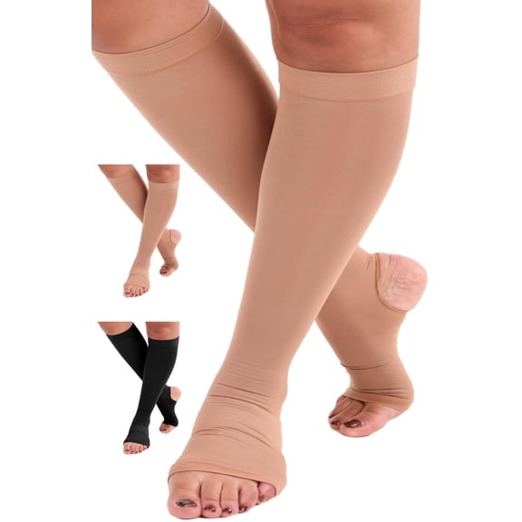 Unisex Opaque Compression Knee High with Open Toe and Heel 20-30mmHg Beige, 7XL