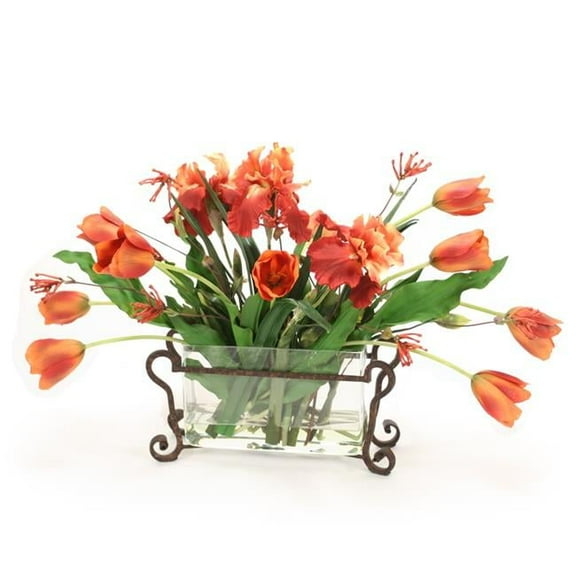 Unisex Orange Tulips with Iris in Rectangle Glass with Metal Holder