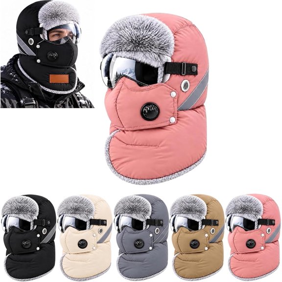 Unisex Outdoor Biking Hat with Goggles, 5-in-1 Fleece Hat and Neck | Detachable Face Cover Breathing Valve Windproof Fleece Lined Fur Ear Flap Hood Neck Warmer Cycling Snowmobile