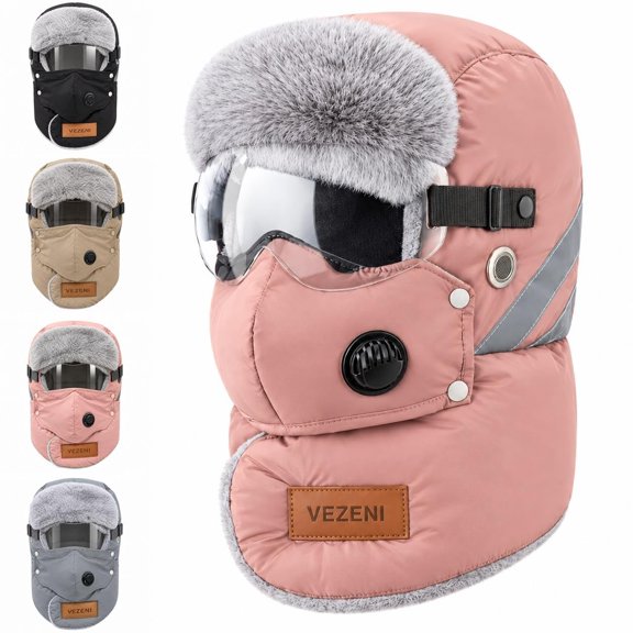 Unisex Outdoor Biking Hat with Goggles 5-in-1 Fleece Hat and Neck Warmer Winter Hood Casual Style Thick Inner Lining Fleece Padding Full Face Coverage Warm Winter Sports & Outdoor Accessory