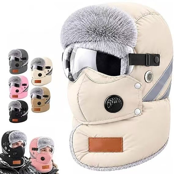 Unisex Outdoor Biking Hat with Goggles,5-in-1 Fleece Hat Neck Warmer | Winter Wind Resistant Thermal Thick Lining and Padding with Face and Ear Coverage for Chilly Outdoor Activities
