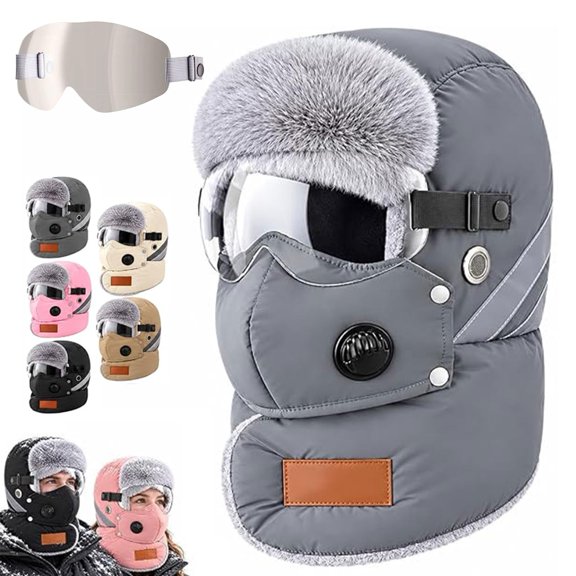 Unisex Outdoor Biking Hat with Goggles, 5-in-1 Fleece Balaclava Neck Warmer