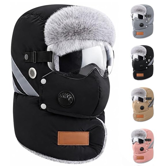 Unisex Outdoor Biking Hat with Goggles, 5-in-1 Fleece Balaclava and Neck Warmer for Skiing, Snowboarding and Hiking