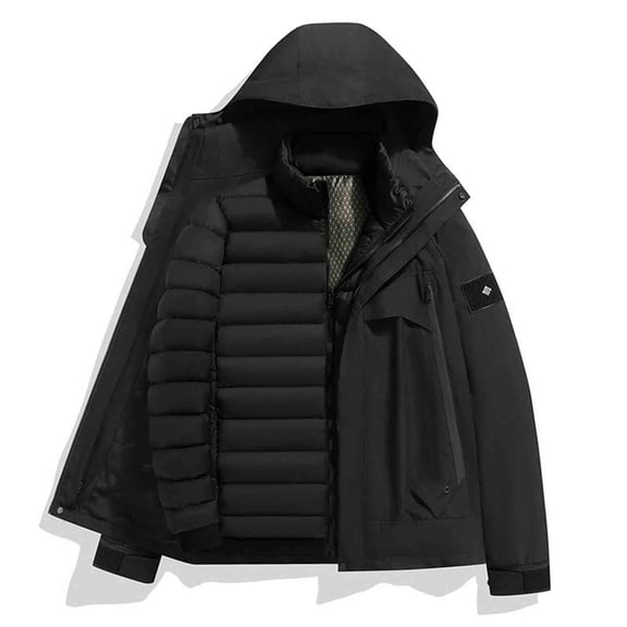 Unisex Outdoor Jackets Hooded Stand Collar Front Zip Detachable Lined Coat Thermal Winter Outwear With Pockets (4XL, Black)