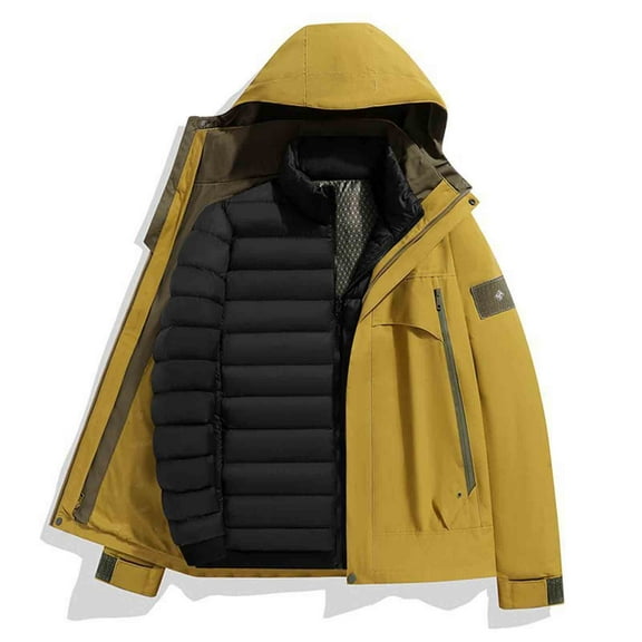 Unisex Outdoor Jackets Hooded Stand Collar Front Zip Detachable Lined Coat Thermal Winter Outwear With Pockets (L, Khaki)