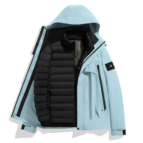 Unisex Outdoor Jackets Hooded Stand Collar Front Zip Detachable Lined Coat Thermal Winter Outwear With Pockets (XS, Light Blue)