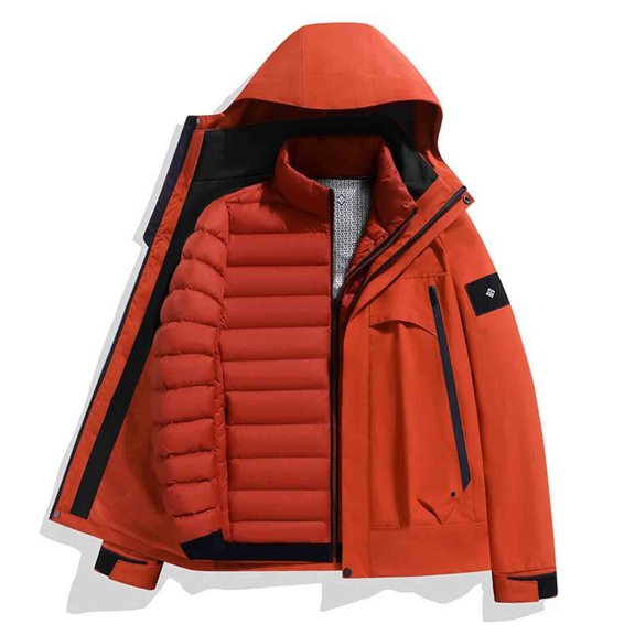 Unisex Outdoor Jackets Hooded Stand Collar Front Zip Detachable Lined Coat Thermal Winter Outwear With Pockets (XS, Red)