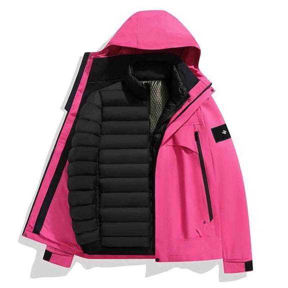 Unisex Outdoor Jackets Hooded Stand Collar Front Zip Detachable Lined Coat Thermal Winter Outwear With Pockets (XXL, Pink)