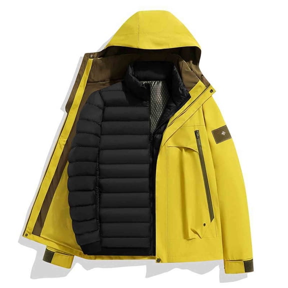 Unisex Outdoor Jackets Hooded Stand Collar Front Zip Detachable Lined Coat Thermal Winter Outwear With Pockets (XXL, Yellow)