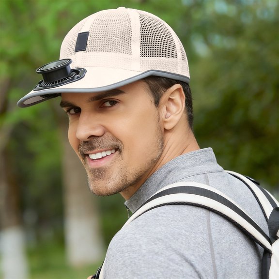 Unisex Outdoor Sun Hat with Ventilated Mesh and USB Charging Fan for Heat during Hikes and Beach Trips, Khaki