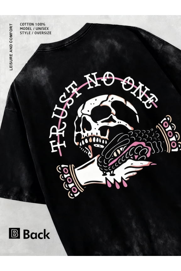 Unisex Oversized Graphic Skull Trust No One Handshake T-Shirt