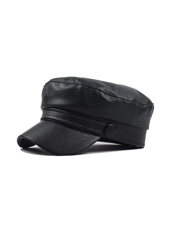 Unisex PU Leather Caps Spring Autumn Sailor Hats For Women Men Black Grey Flat Top Captain Cap Travel Cadet Hat ,Beautiful Craftsmanship