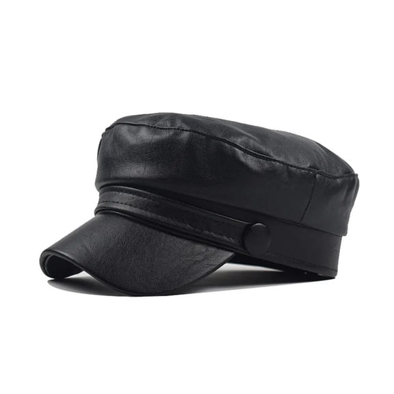 Unisex PU Leather Caps Spring Autumn Sailor Hats For Women Men Black Grey Flat Top Captain Cap Travel Cadet Hat ,Soft Touch