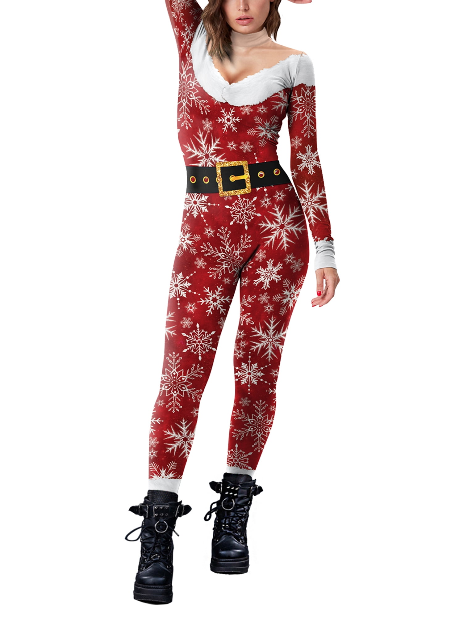 Unisex Pajamas Hooded Cozy Jumpsuit Zipper Xmas Snowflake Print Onesie