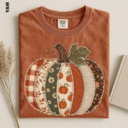 Unisex Patchwork Pumpkin Fall Autumn Cottagecore Farmhouse Vintage Garment-Dyed Graphic Tee