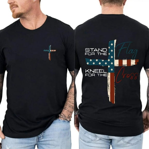 Unisex Patriotic Christian T-Shirt, “Stand for the Flag, Kneel for the Cross” Double-Sided 4th of July Graphic Tee, Cotton Crew Neck Shirt, Sizes S–5XL