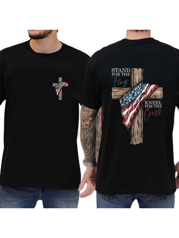 Unisex Patriotic Christian T-Shirt, “Stand For The Flag Kneel For The Cross” Double-Sided Graphic Tee, Cotton Casual Shirt, Sizes S–5XL