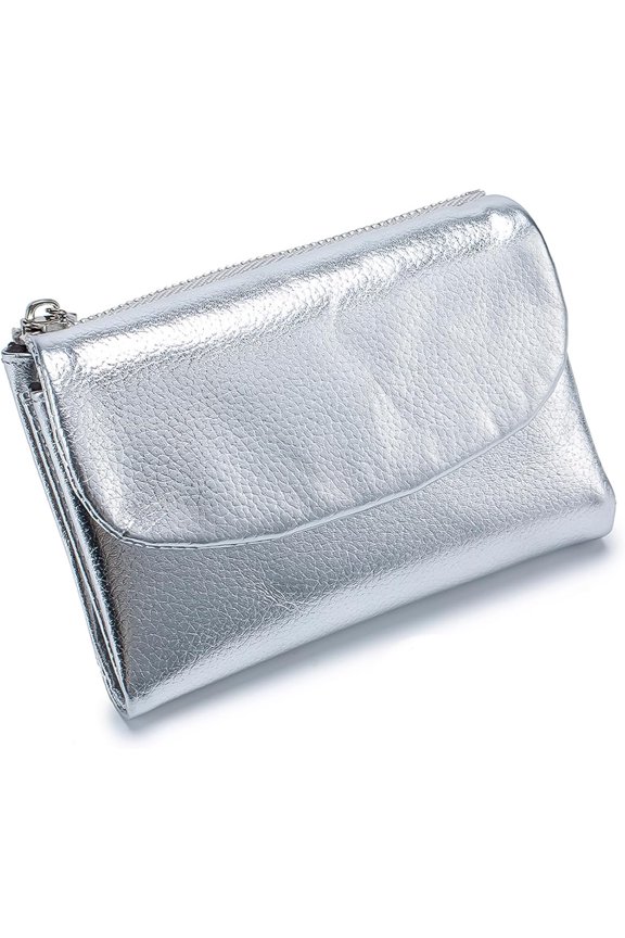 Unisex Pebble Leather Wallet – Compact Purse With Card Slots, Full-Grain Leather, Genuine Leather Small Wallets For Women (Silver)