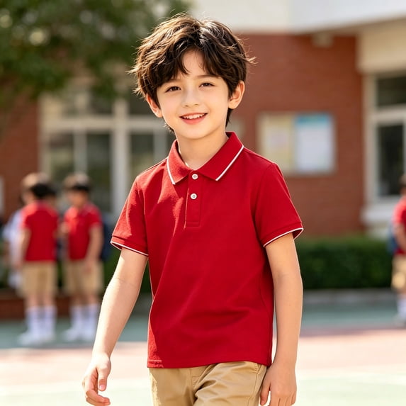 Unisex Performance Polo Shirts Red Short Sleeve School Uniform Shirts Button Closure for Kids 9-10 Years