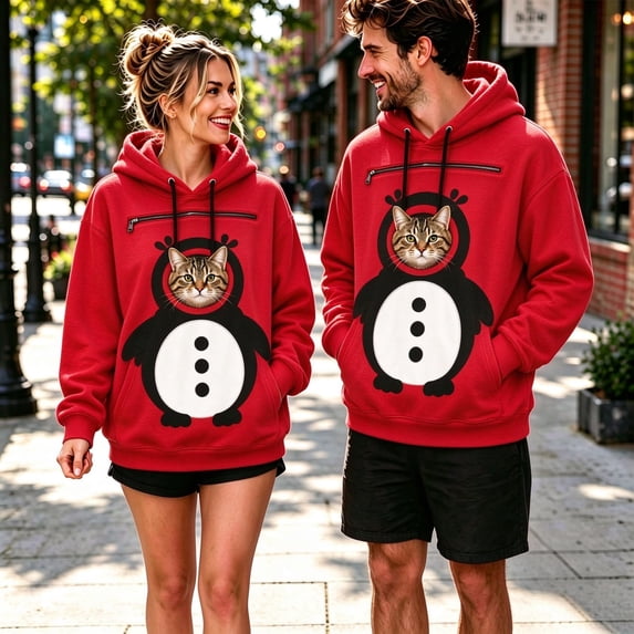 Unisex Pet Pouch Hoodie Long Sleeve Drawstring Oversized Sweatshirt with Pet Holding Pocket Cartoon Animal Print Pattern Hooded Pullover Warm Holiday Apparel for Pet Parents Red S