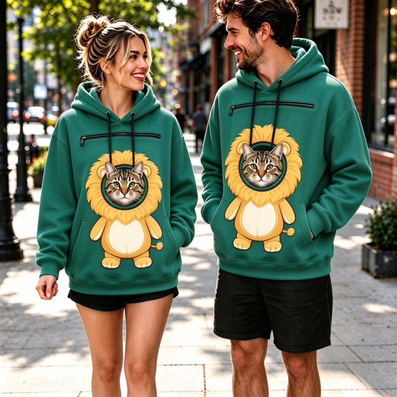 Unisex Pet Pouch Hoodie Long Sleeve Drawstring Oversized Sweatshirt with Pet Holding Pocket Cartoon Animal Print Pattern Hooded Pullover Warm Holiday Apparel for Pet Parents Green XXXL