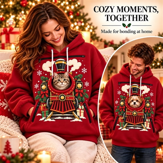 Unisex Pet Pouch Sweatshirt Couple Matching Xmas Snowman/Reindeer Animal Themed Print Hoodies with Zippers Christmas Cat Carriers Sweatshirts 1 XL