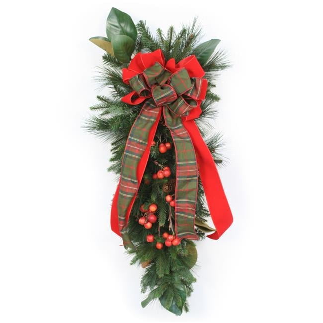 Unisex Pine Swag with Magnolia Foliage & Cherries Christmas Plaid Ribbon - Green