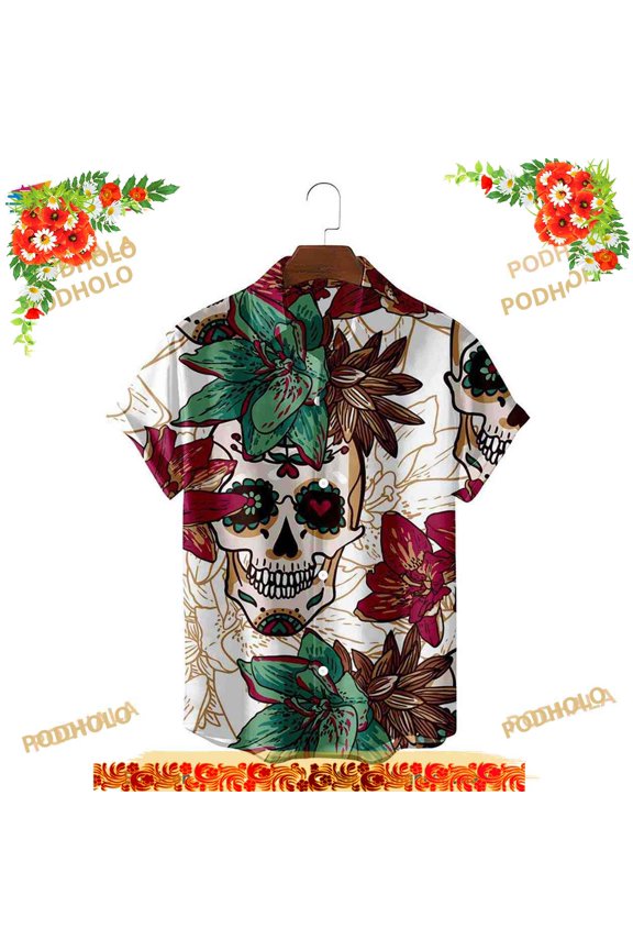 Unisex Pineapple Hawaiian Shirt Skull Flower 3D Hawaiian Shirt