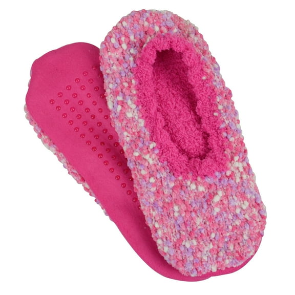 Unisex Pink Fuzzy Nubby Polyester Footie Slippers, One Size