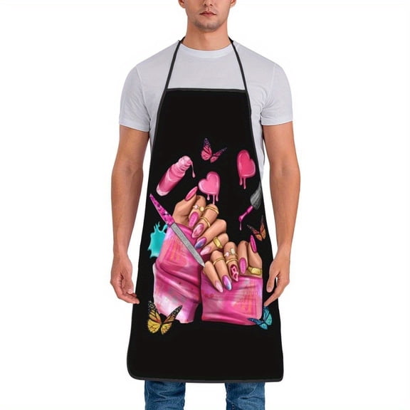 Unisex Pink Nail Art Apron - Stylish and Functional Polyester Kitchen and Baking Apron for Chefs and Makeup Artists