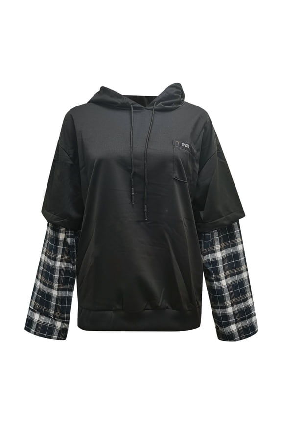 Unisex Plaid Hooded Sweatshirt Layered Two Piece Pullover Hoodie Men Women Hop Streetwear Top