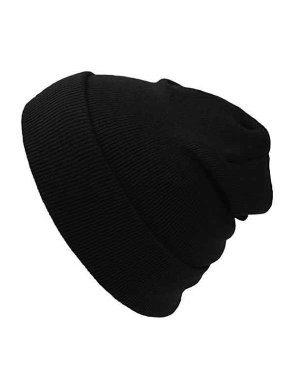 Unisex Plain 12 Inch Long Cuff Beanie, Black