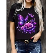 Unisex Plus Size Floral Graphic T-Shirt - Purple Roses & Butterflies Print, 100% Cotton Crew Neck Short Sleeve Top | Elegant Design On Black | Lightweight for Everyday & Formal Wear