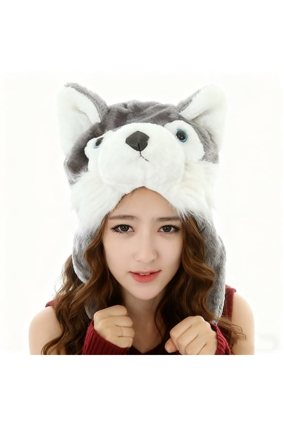 Unisex Plush Animal Face Winter Hood Ski Hat with Long Ear Straps Pom Pom Ends Soft Fleece Lined Earflap Cap for Women Kids and Parties