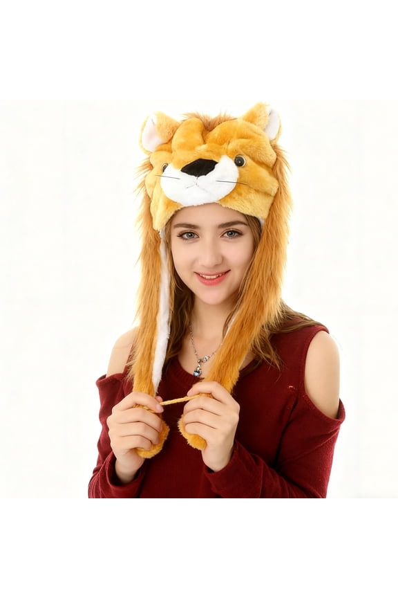 Unisex Plush Animal Face Winter Hood Ski Hat with Long Ear Straps Pom Pom Ends Soft Fleece Lined Earflap Cap for Women Kids and Parties