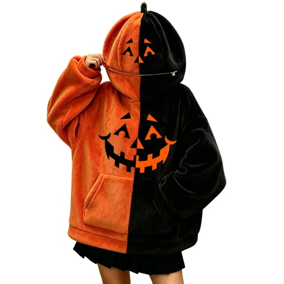 Unisex Plush Halloween Hoodie, 3D Pumpkin‑Shaped Hood with Pocket, Soft Sweatshirt for Halloween Party Daily Wear